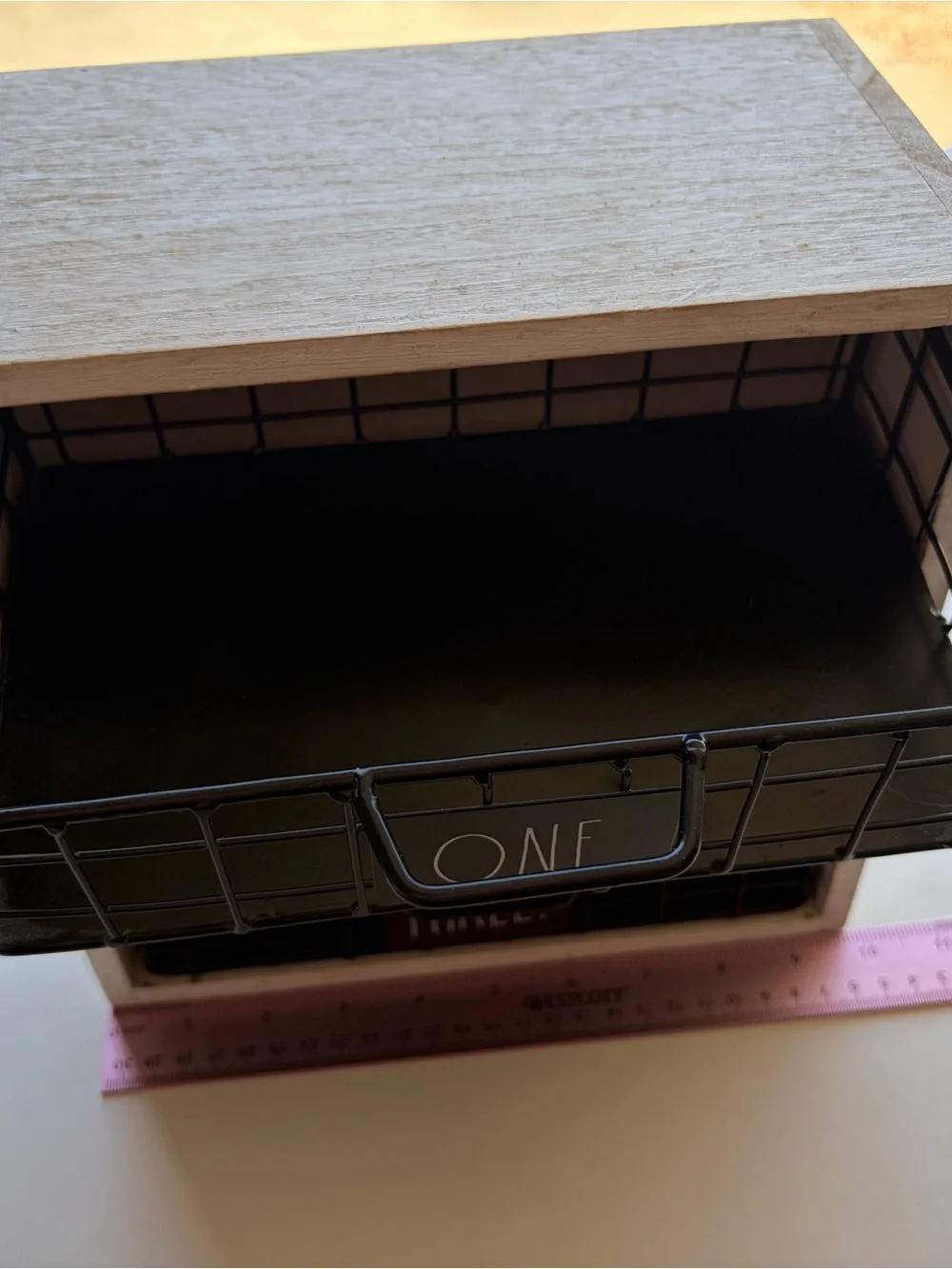 Rae Dunn White Wood Organizer with Black Wire Bins Labeled One Two Three